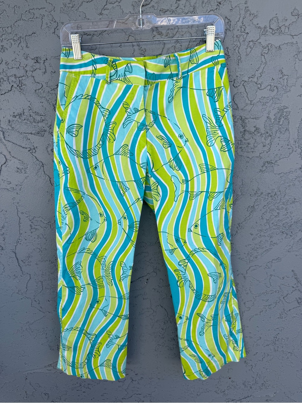 Vintage Lilly Pulitzer Cotton Stretch Green Blue Retro Fish Print Ankle Pants 4
